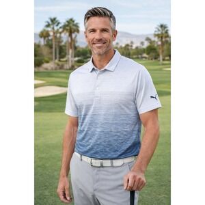 Puma Golf Polo Men's XL Blue White Ombre Stripe Performance Shirt DryCell